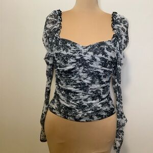 SHEIN Black and White Floral Ruched Blouse